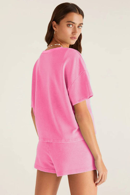 1V Neck Drop Shoulder Tee and Patchwork Drawstring Shorts Set: