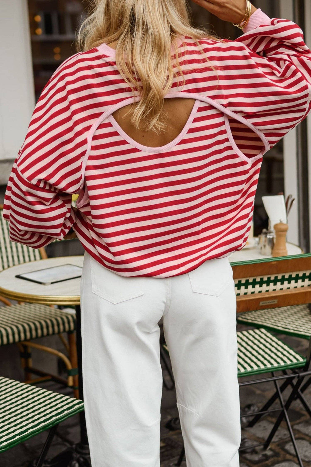Red Stripe Cutout Open Back Long Sleeve Loose Top: Red Stripe