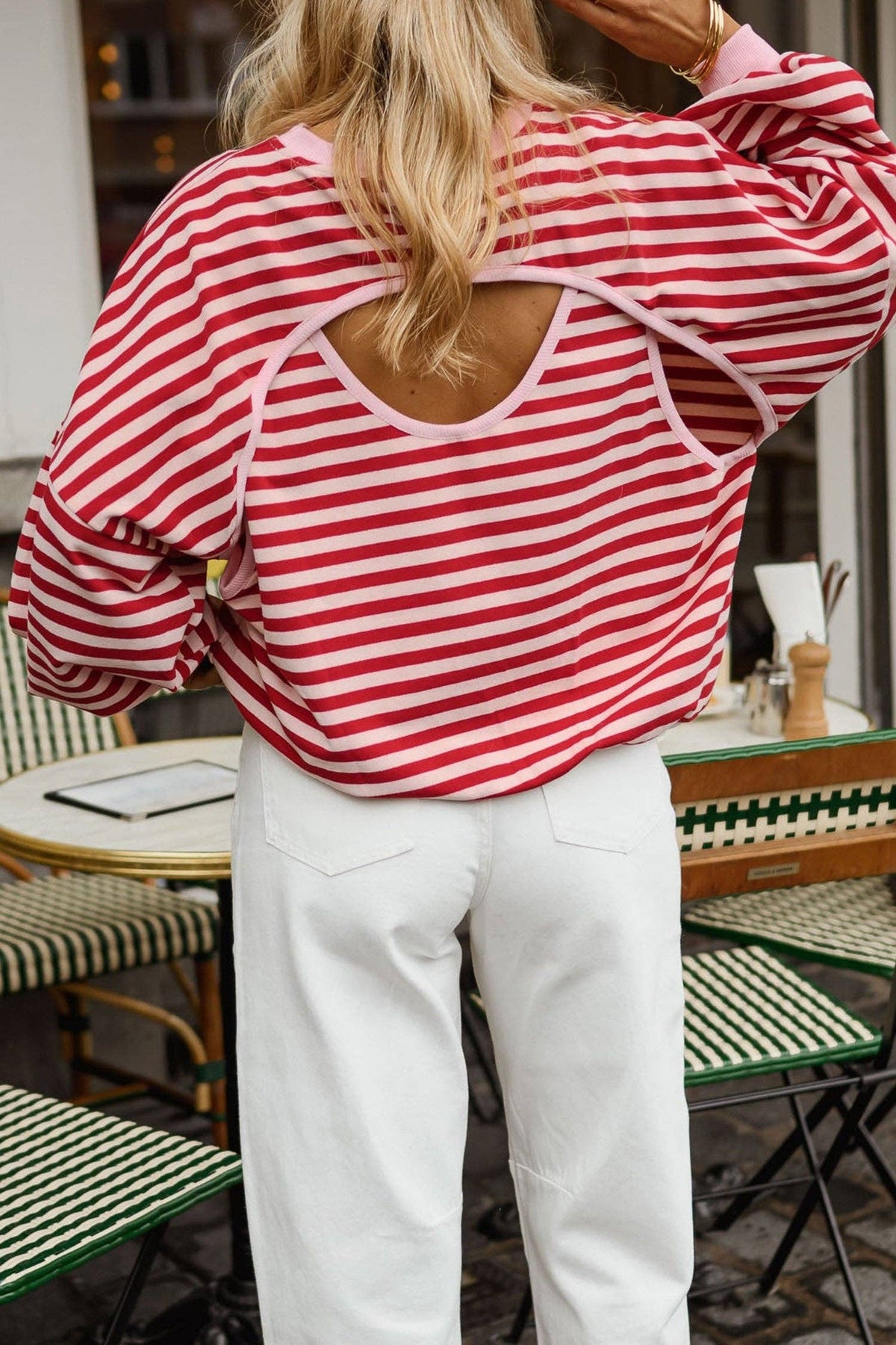 Red Stripe Cutout Open Back Long Sleeve Loose Top: Red Stripe
