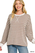 Raised Rib Striped Round Neck Pullover: MOCHA