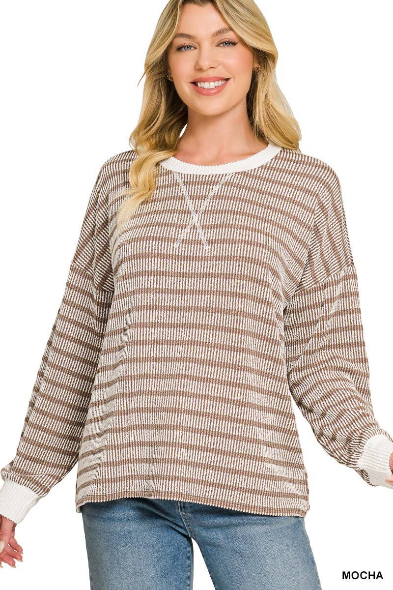 Raised Rib Striped Round Neck Pullover: MOCHA