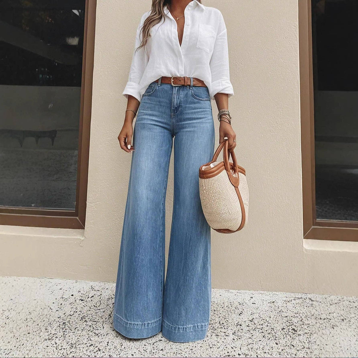 Washed Denim Wide Leg Jeans High Rise Relaxed Fit: Denim Blue / 100%Polyester / S