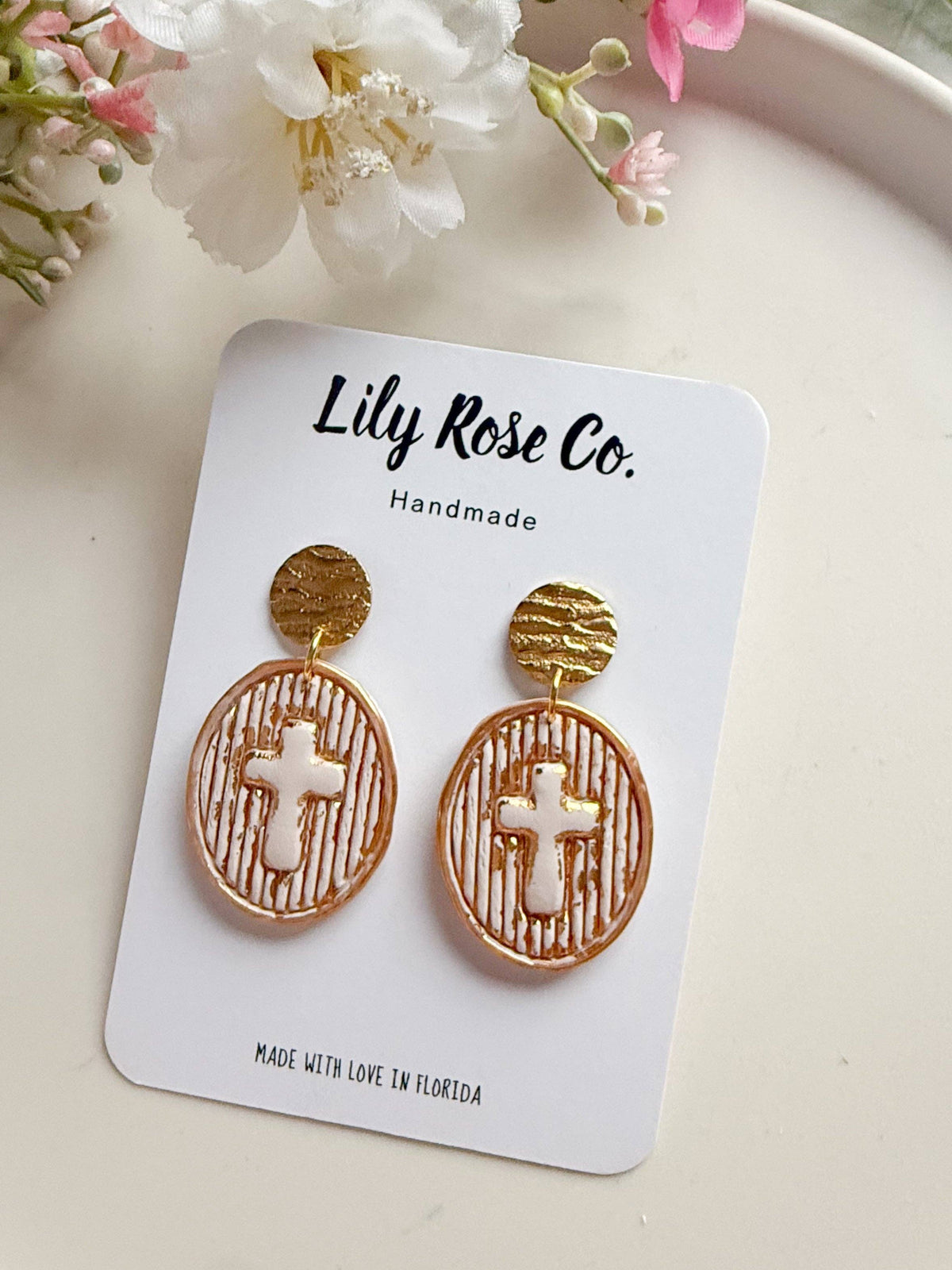 Cross Earrings: Tan