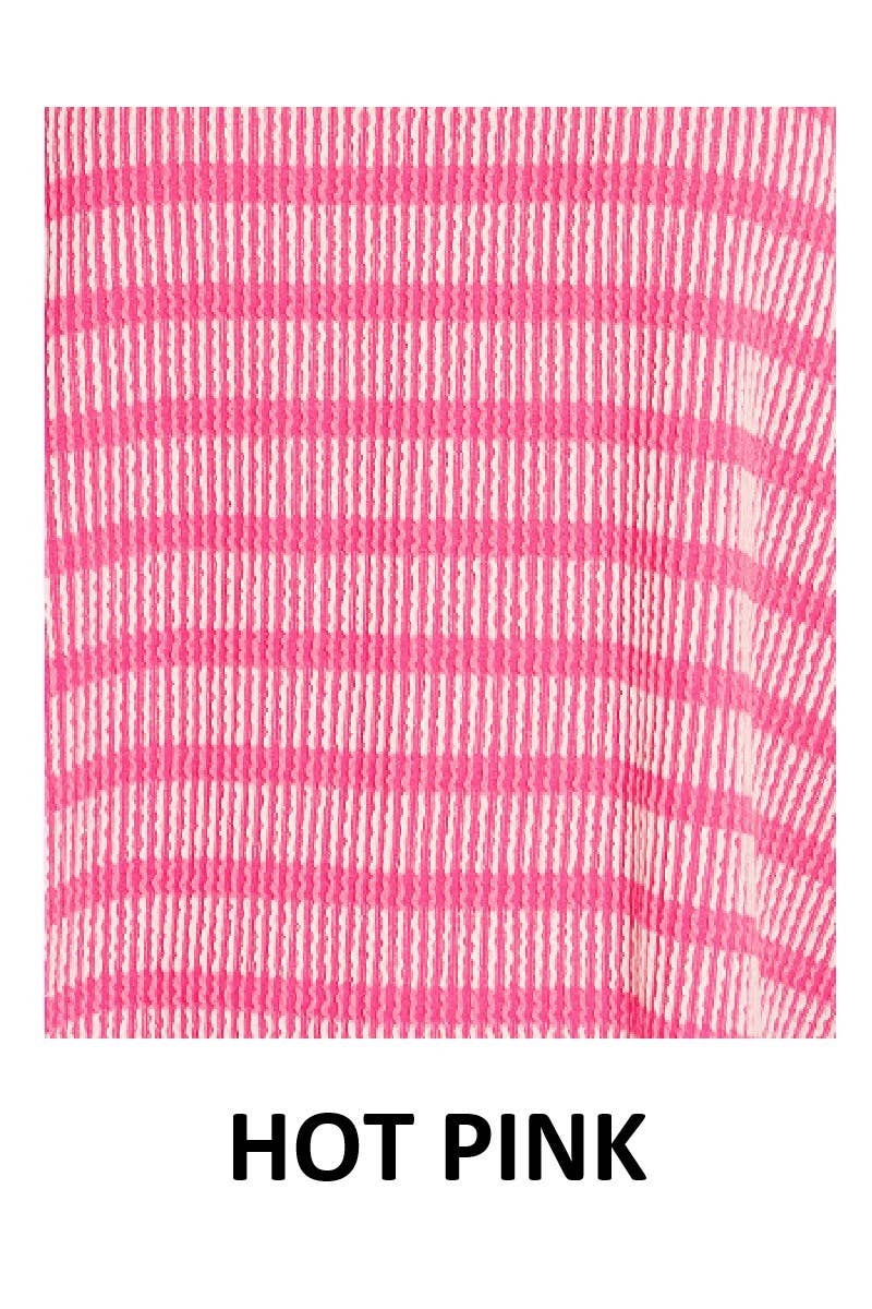 Raised Rib Striped Round Neck Pullover: HOT PINK