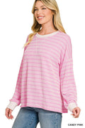 Raised Rib Striped Round Neck Pullover: HOT PINK