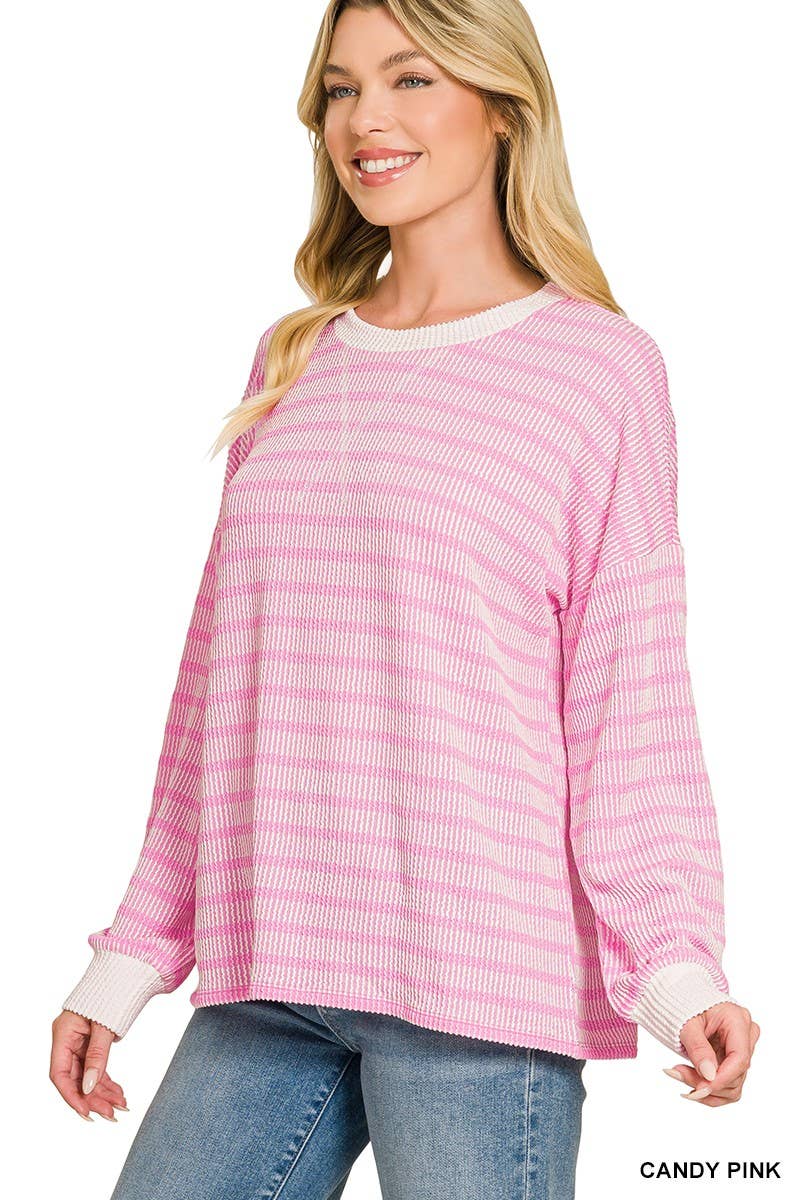 Raised Rib Striped Round Neck Pullover: HOT PINK