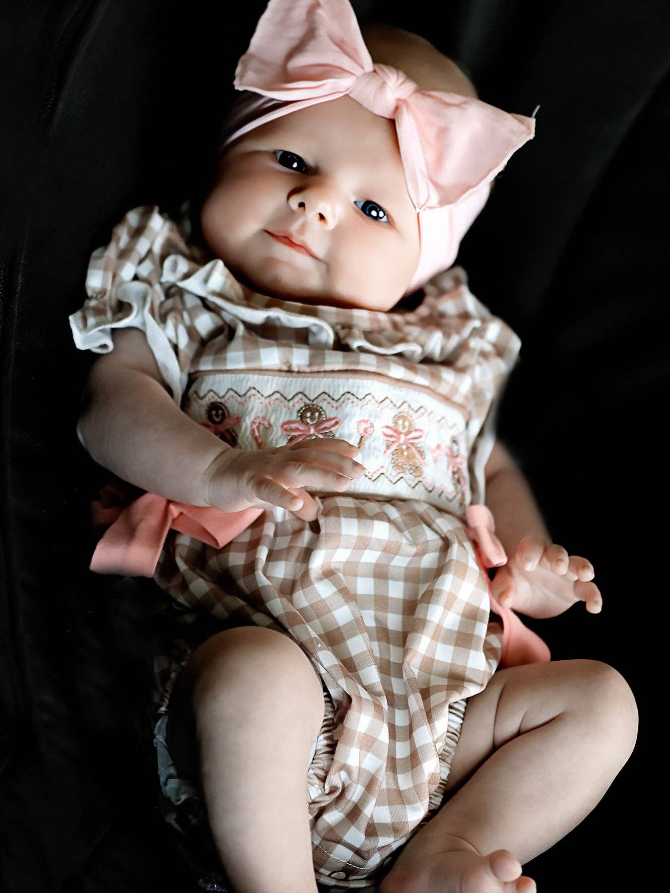 Christmas Vintage-Style Plaid Embroidered Gingerbread and Bows Girls Romper: 9M