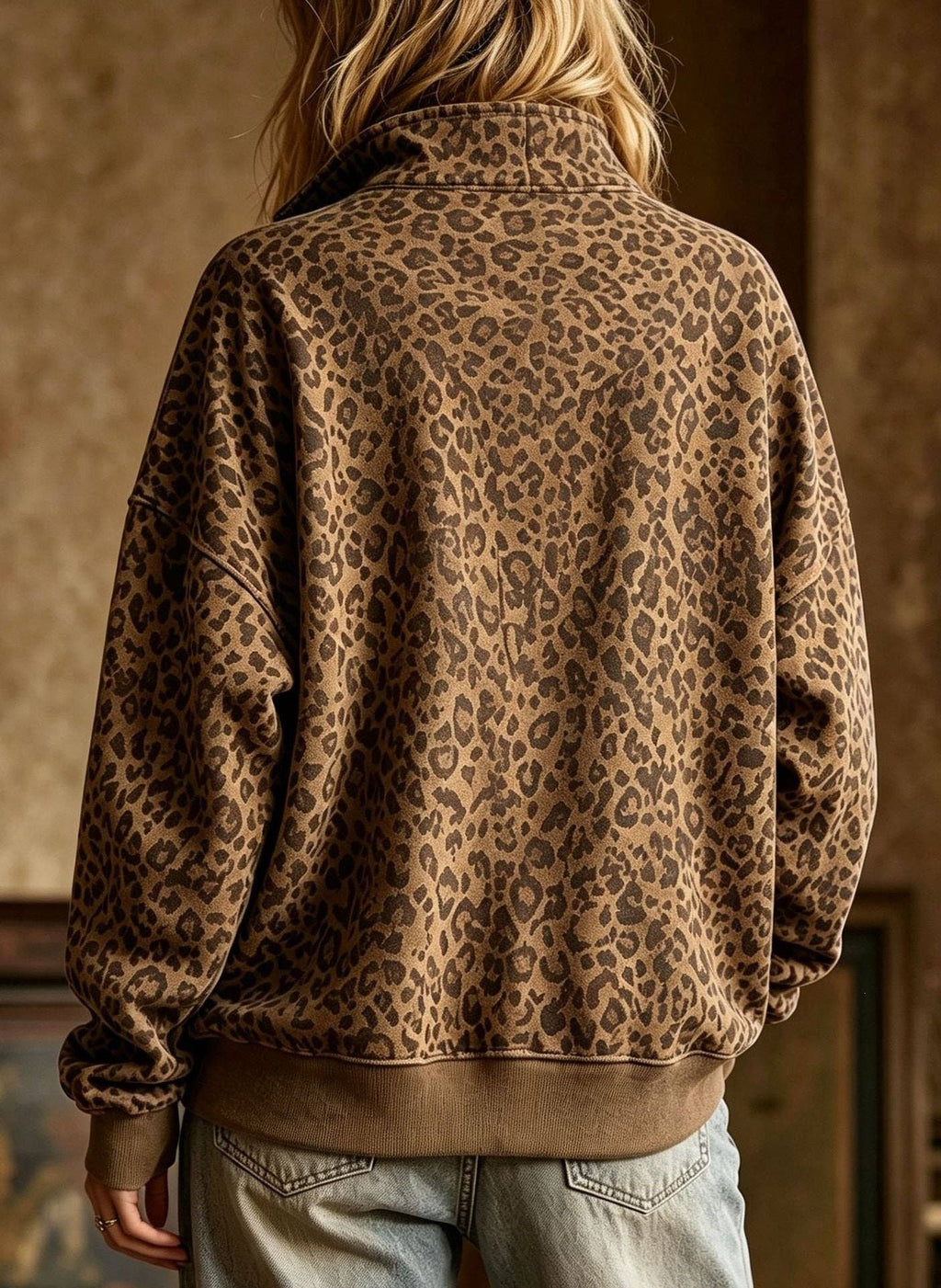 Leopard Print Half Zip Oversized Pullover Sweatshirt: Coffee