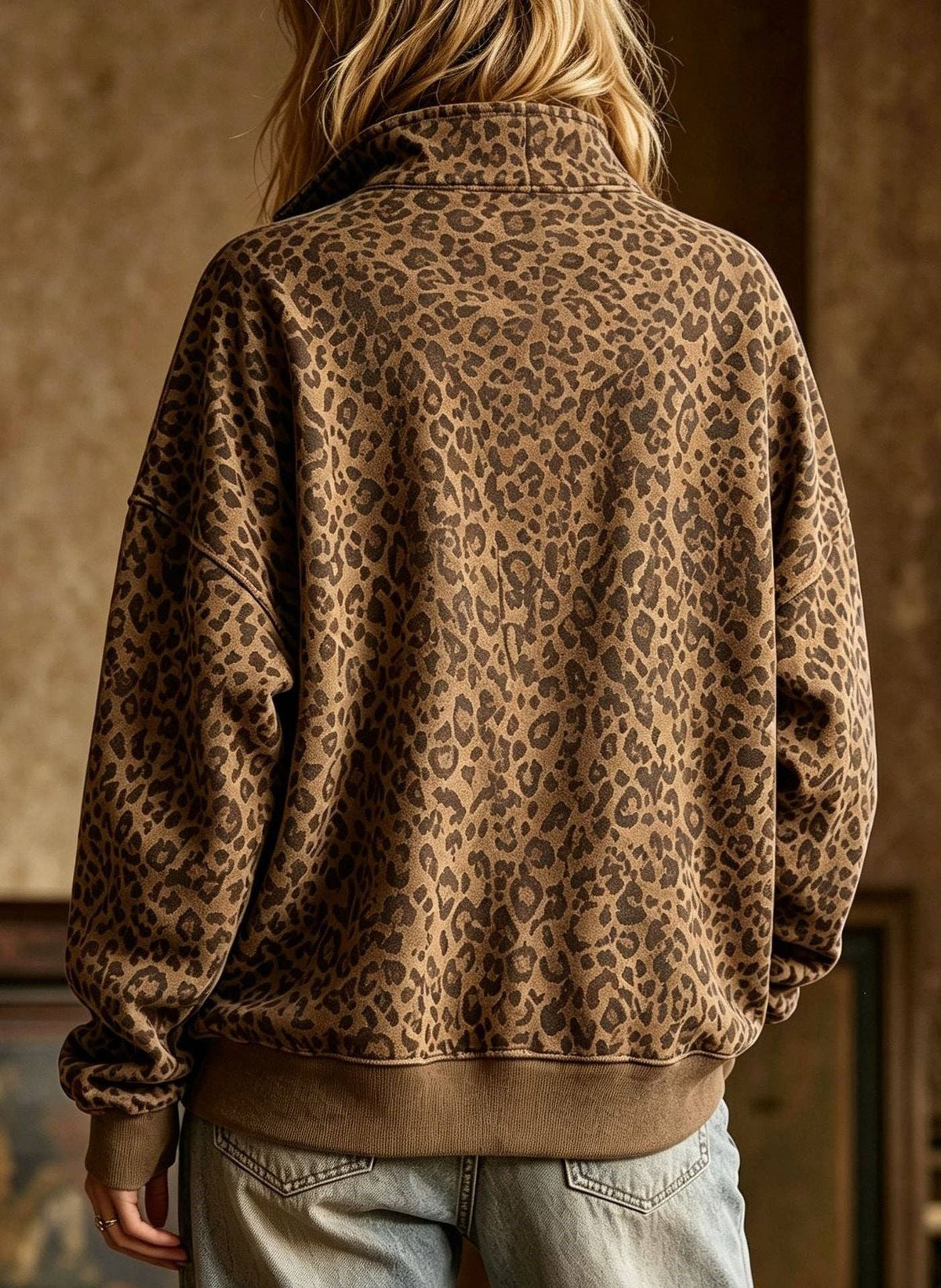 Leopard Print Half Zip Oversized Pullover Sweatshirt: Coffee