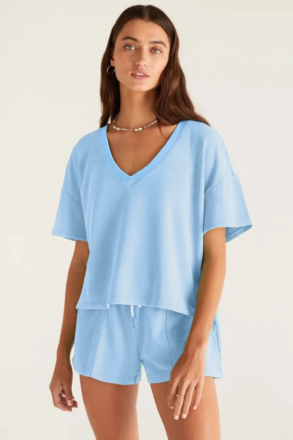 Mint Green V Neck Drop Shoulder Tee and Patchwork Drawstring Shorts Set: Bonbon / 70%Polyester+25%Cotton+5%Elastane / L