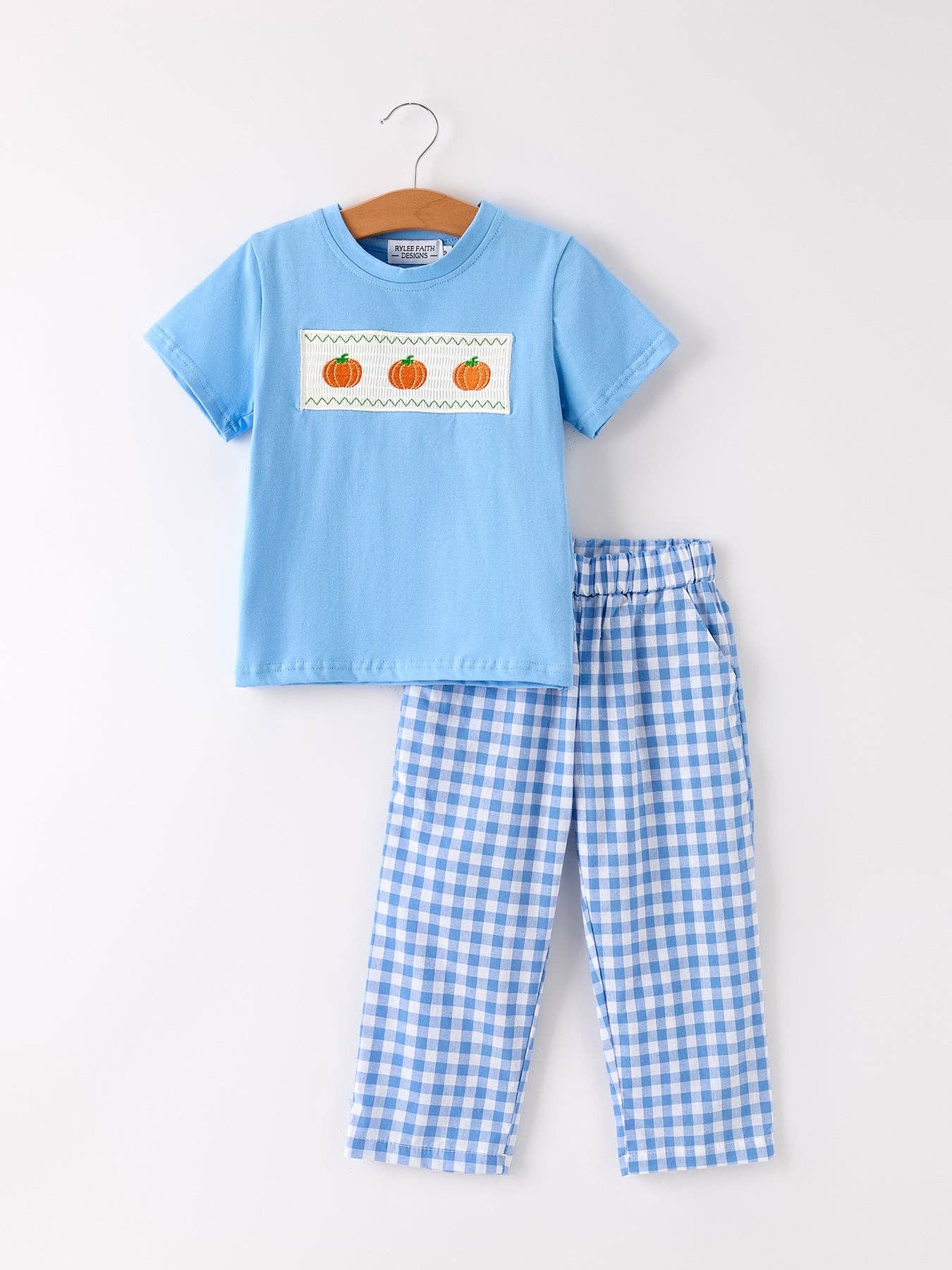 Fall Thanksgiving& Halloween Blue Pumpkin Smock Embroidery Baby Boy'Set: 3