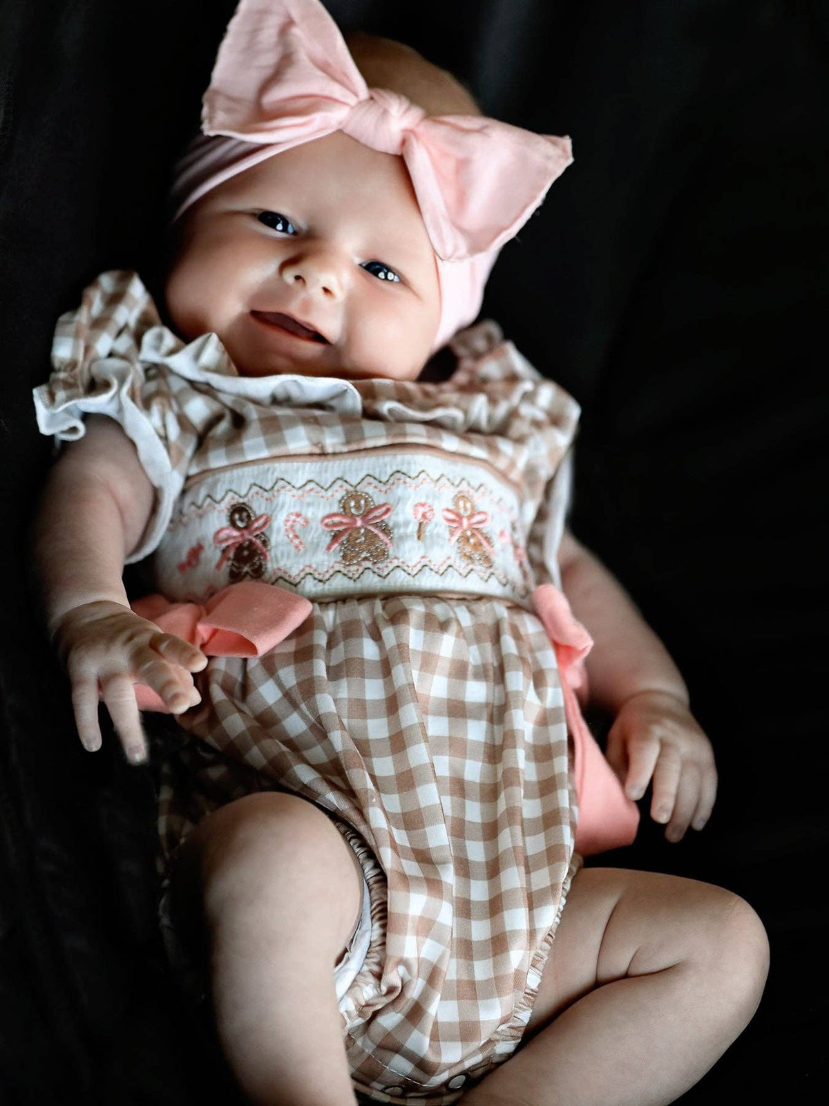 Christmas Vintage-Style Plaid Embroidered Gingerbread and Bows Girls Romper: 9M