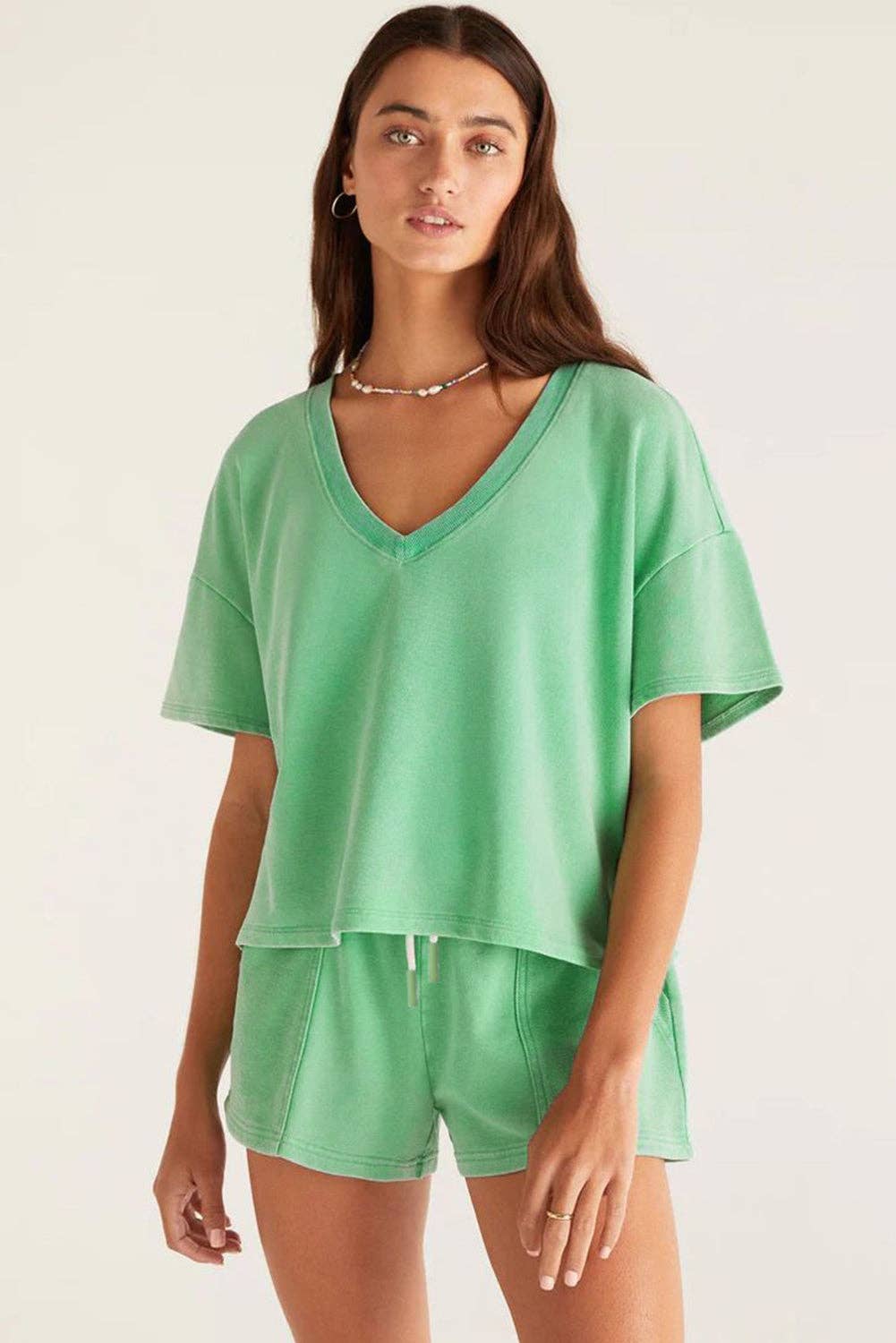 Mint Green V Neck Drop Shoulder Tee and Patchwork Drawstring Shorts Set: Bonbon / 70%Polyester+25%Cotton+5%Elastane / M