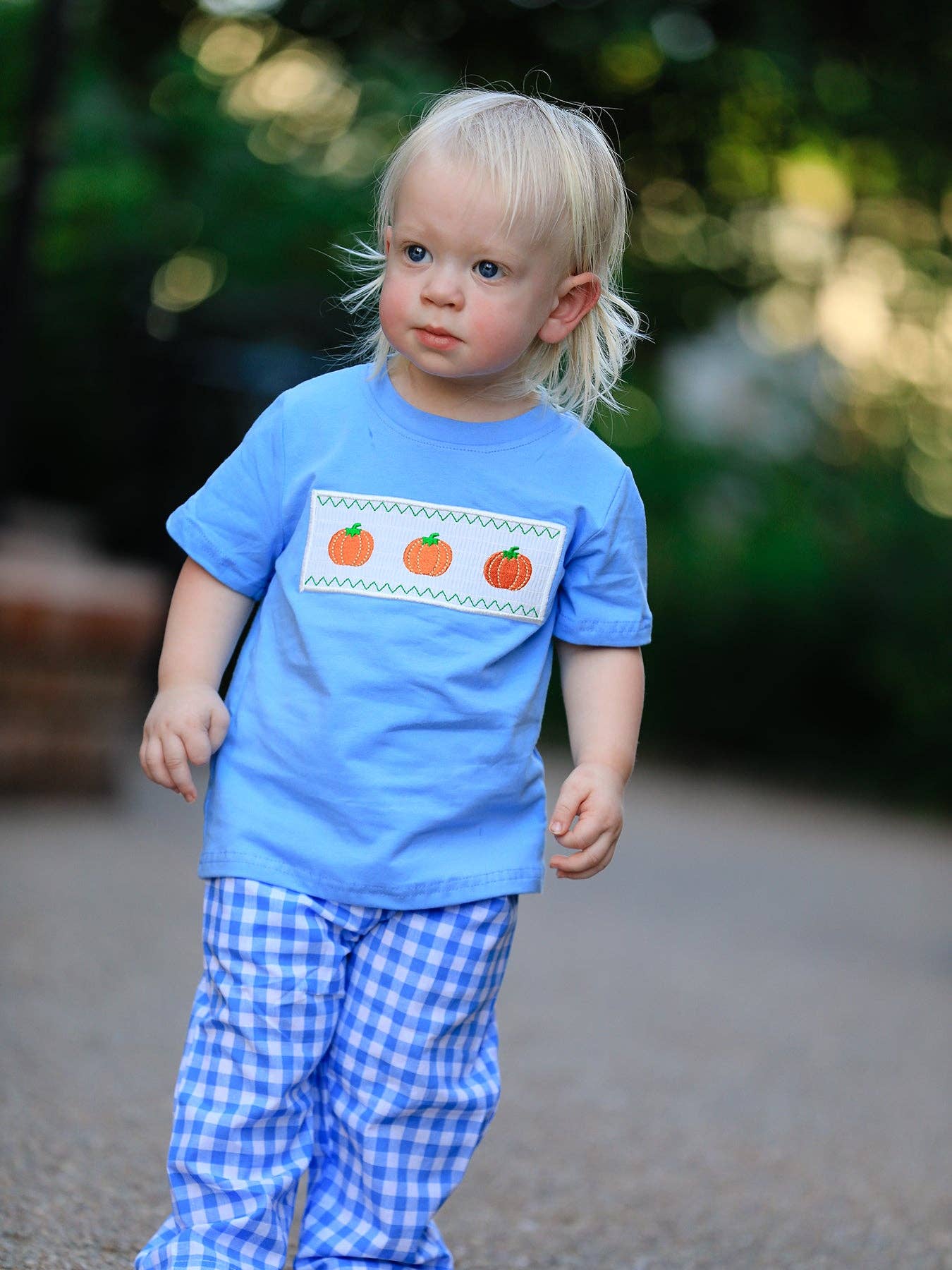 Fall Thanksgiving& Halloween Blue Pumpkin Smock Embroidery Baby Boy'Set: