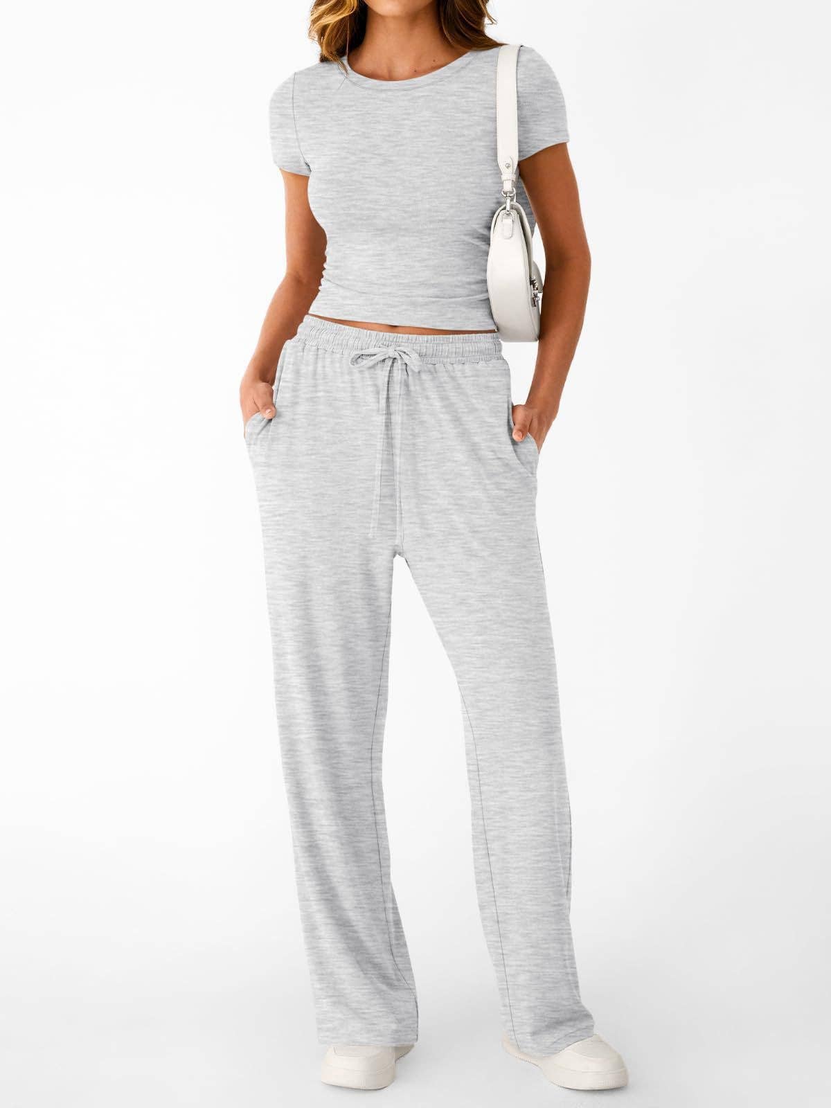 Women Y2K Two Piece Set Short Sleeve Crop Top Wide Leg Pants: Heather Grey