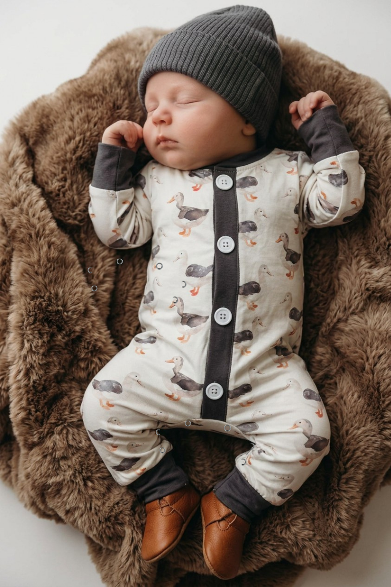 Gray Duck printed baby romper with snaps.