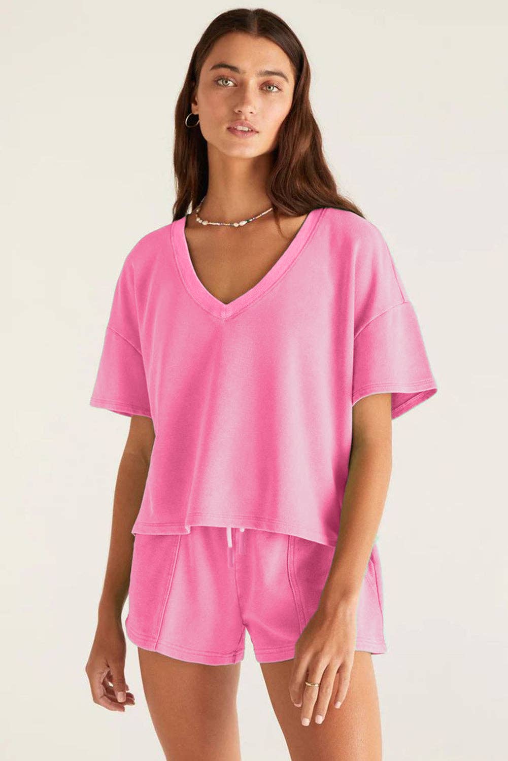 1V Neck Drop Shoulder Tee and Patchwork Drawstring Shorts Set:
