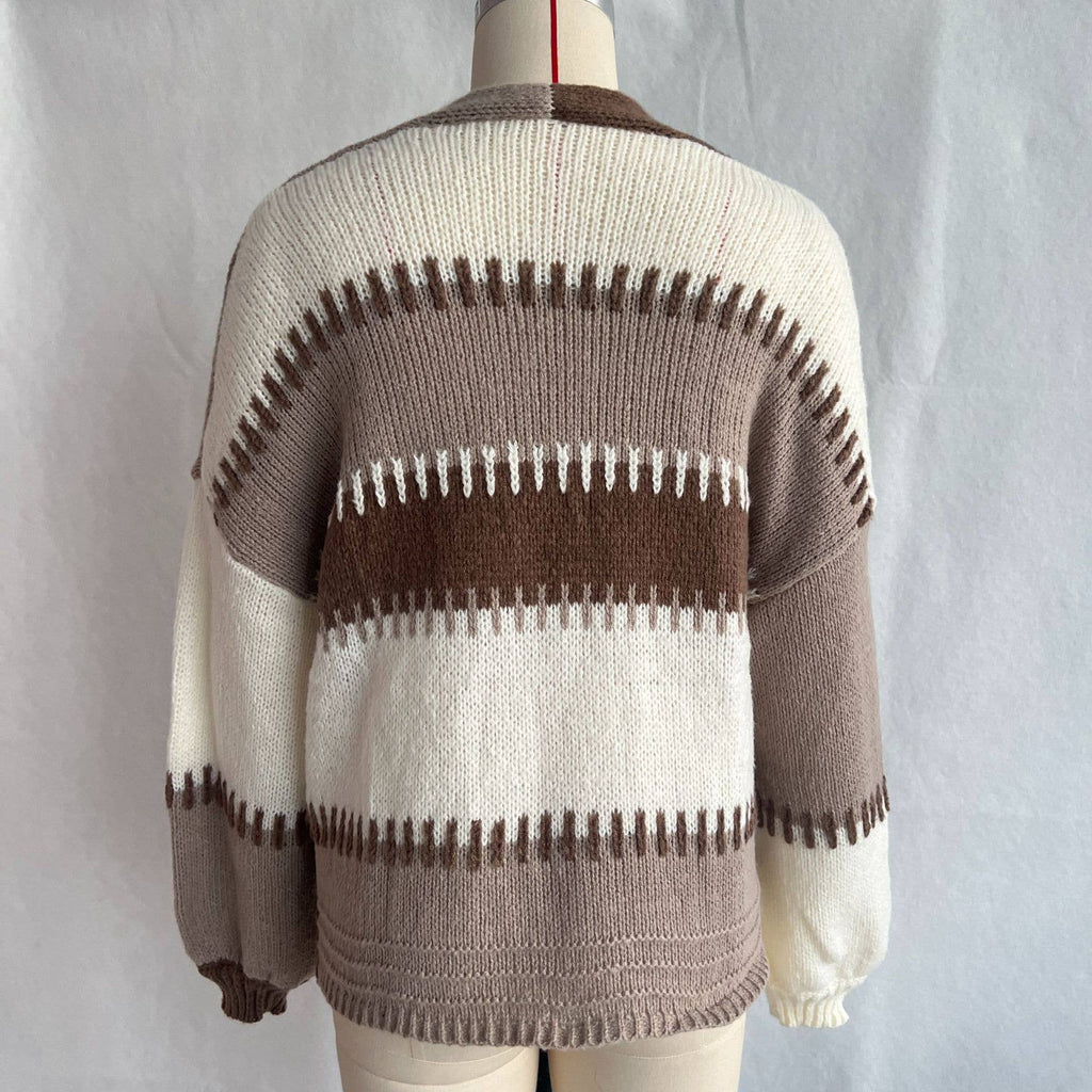 Patchwork Color-Block Contrast Lines Knit Cardigan: Brown
