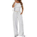 Women Y2K Two Piece Set Short Sleeve Crop Top Wide Leg Pants: Heather Grey