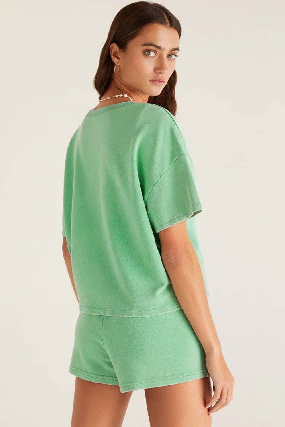 Mint Green V Neck Drop Shoulder Tee and Patchwork Drawstring Shorts Set: Bonbon / 70%Polyester+25%Cotton+5%Elastane / L