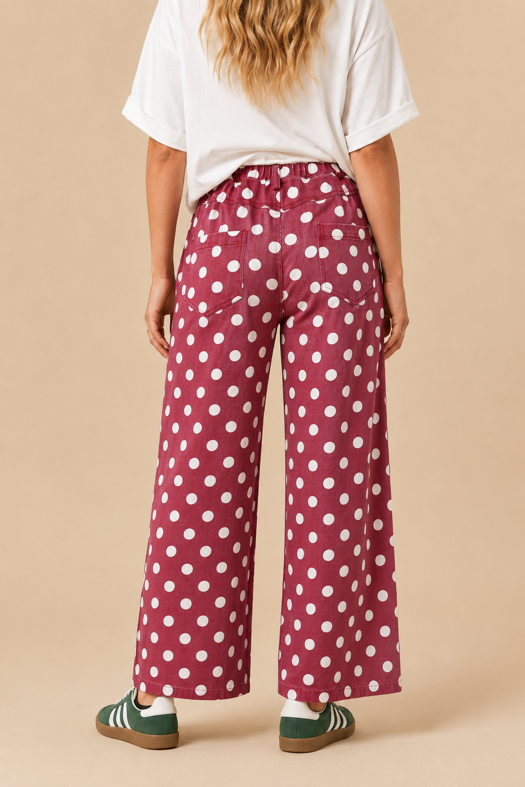 POLKDADOT DENIM RELAXED FIT JEANS: Burgundy