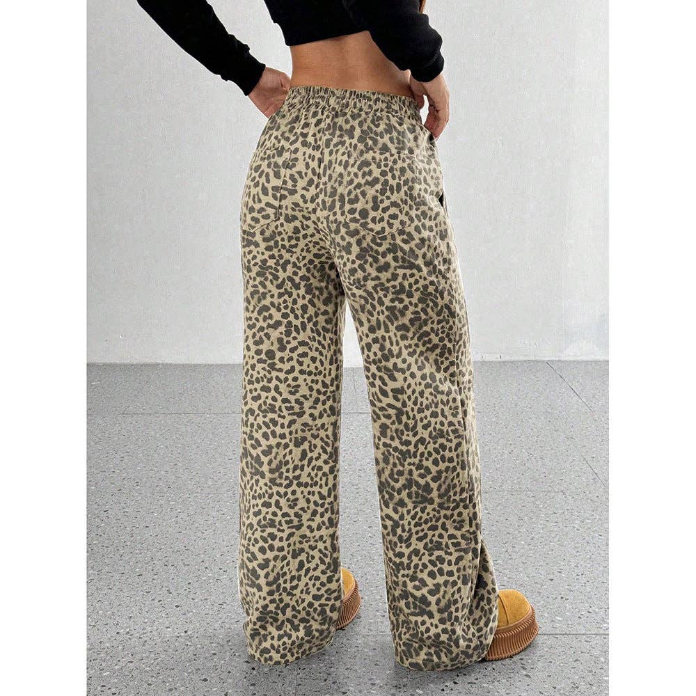 Plaid Wide Leg Drawstring Lounge Pants: Light Leopard