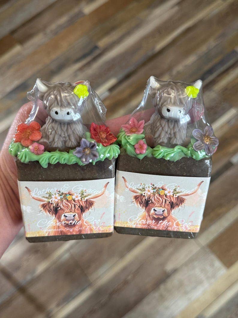 Highland Cow Themed Soap, Super Adorable * Clover the Coo* Scented in Vanilla Berry- Made with Tallow and Goat Milk
