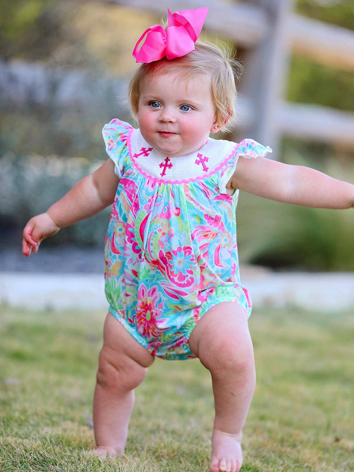 Cross Smocking Embroidery Baby Girl Romper: 12M