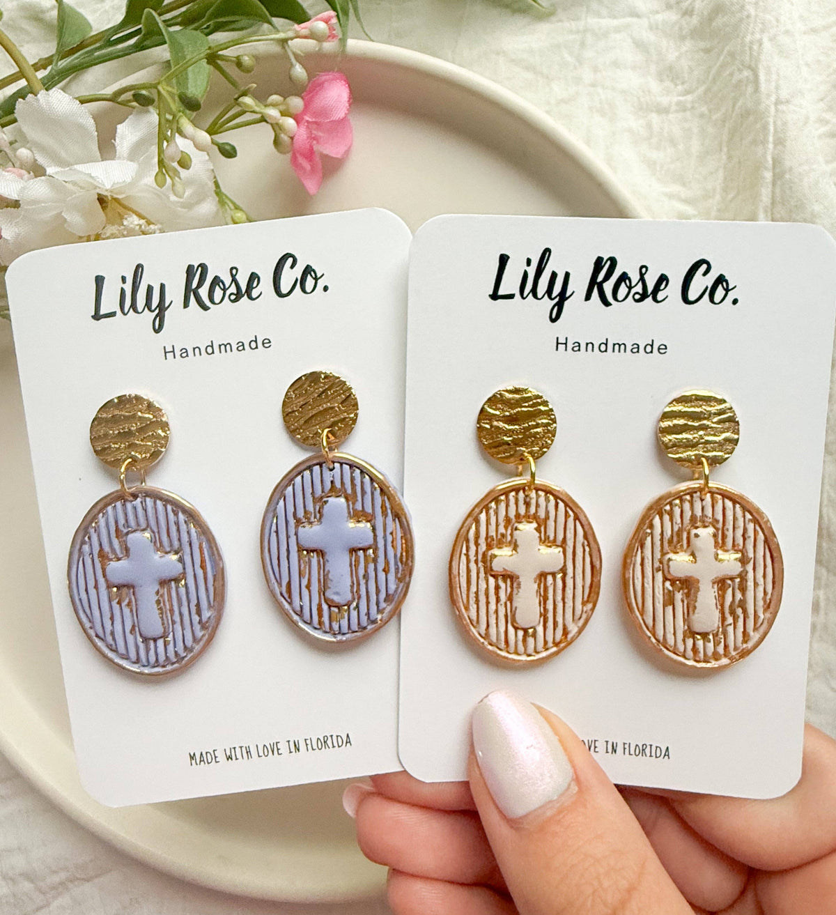 Cross Earrings: Tan