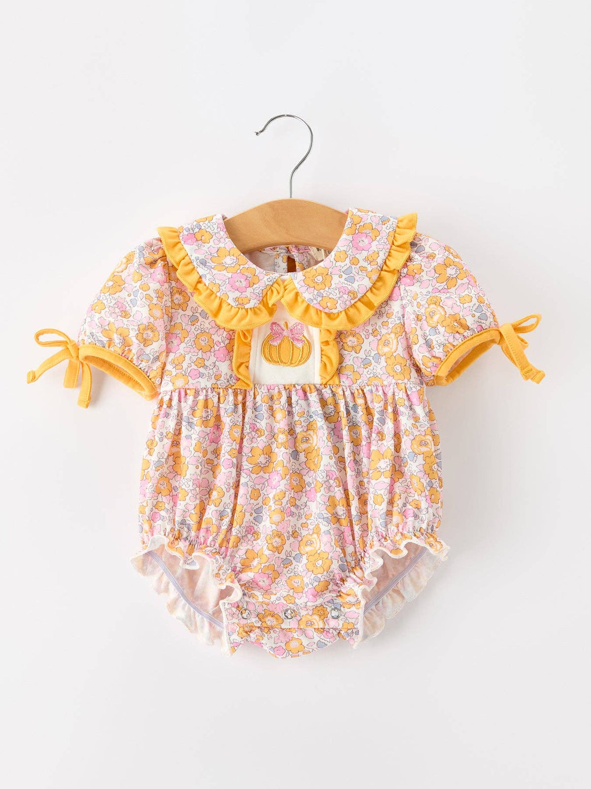 Halloween Pumpkin Floral Baby Bubble Romper: 9M