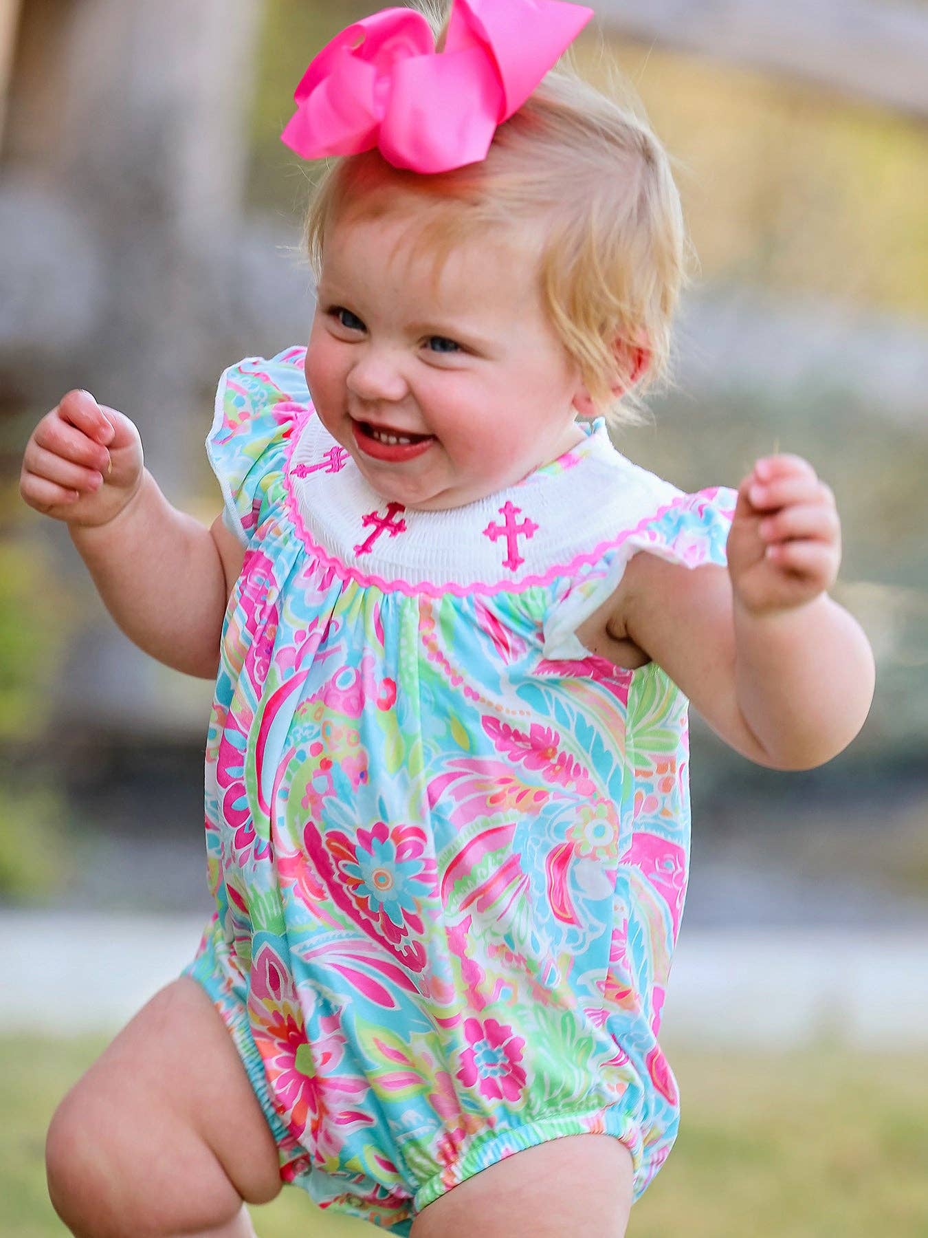 Cross Smocking Embroidery Baby Girl Romper: 6M