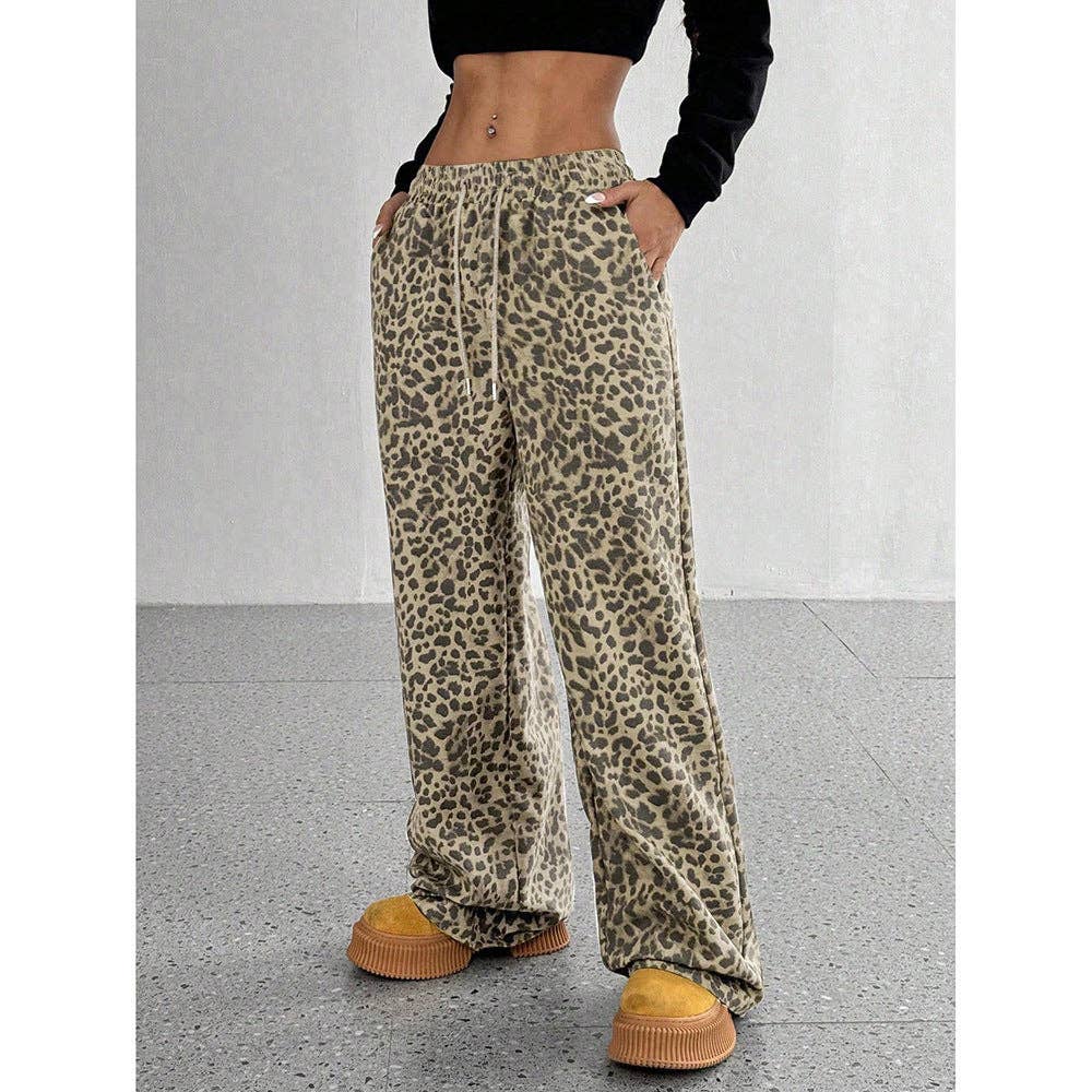Plaid Wide Leg Drawstring Lounge Pants: Light Leopard
