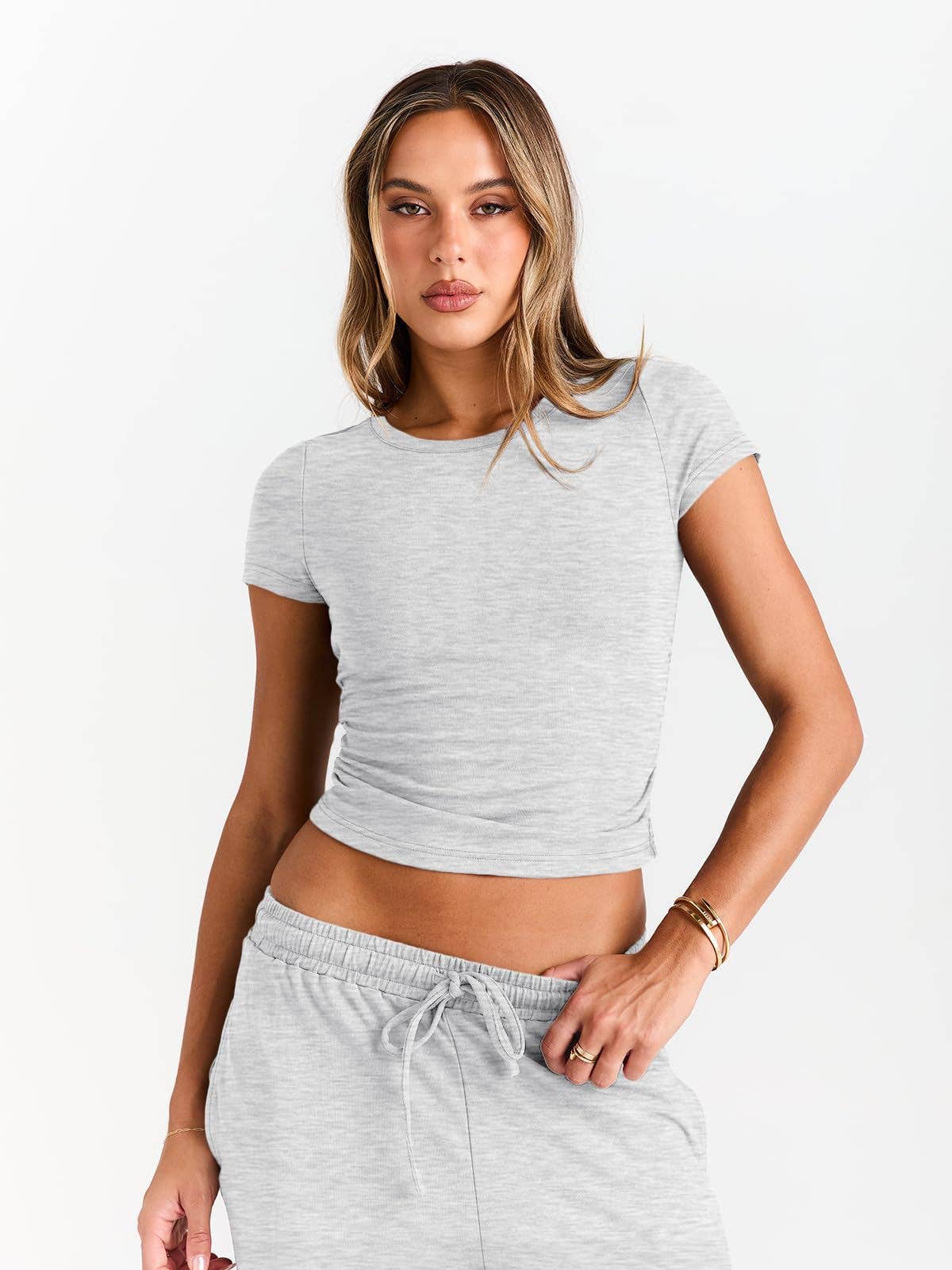 Women Y2K Two Piece Set Short Sleeve Crop Top Wide Leg Pants: Heather Grey