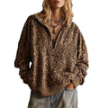 Leopard Print Half Zip Oversized Pullover Sweatshirt: Coffee