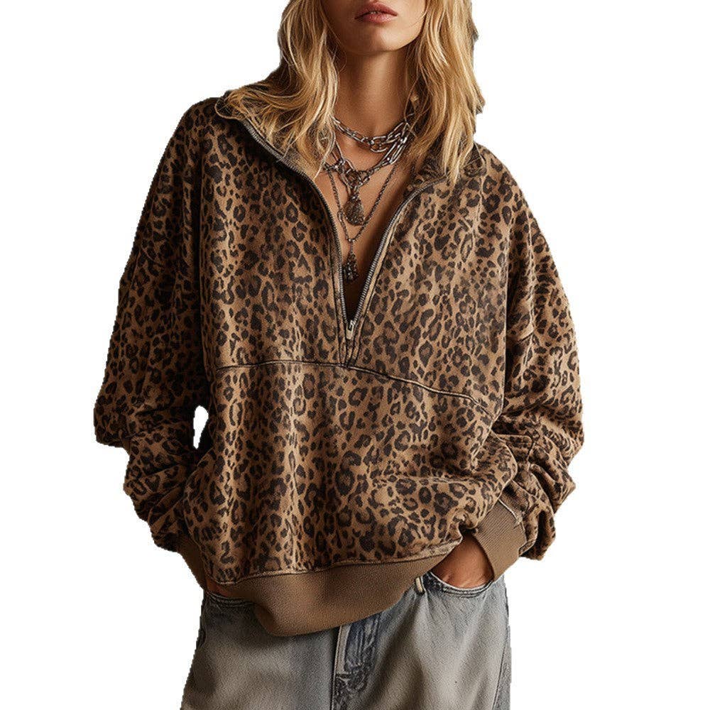 Leopard Print Half Zip Oversized Pullover Sweatshirt: Coffee
