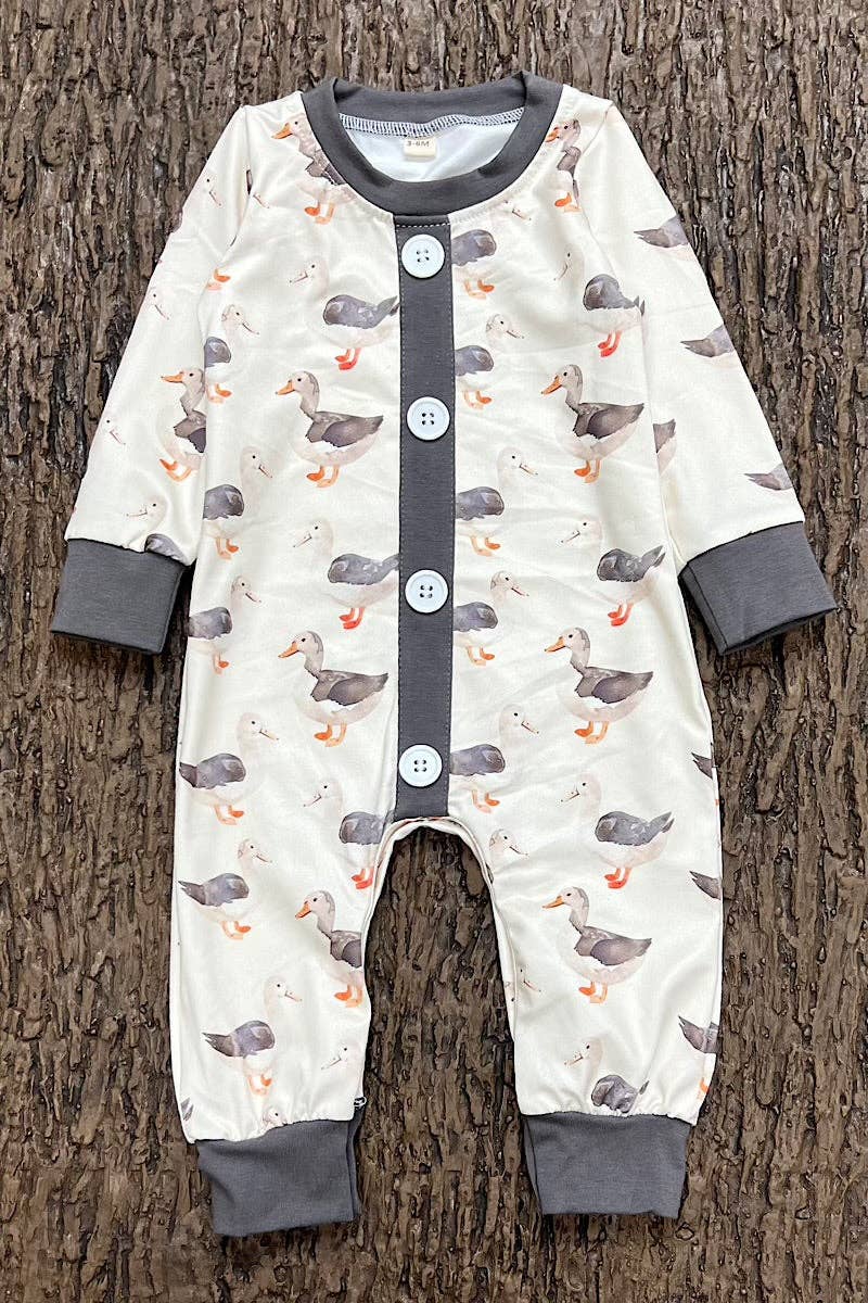 Gray Duck printed baby romper with snaps.