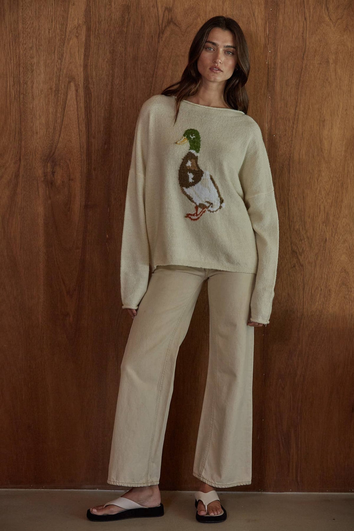 Knit Sweater Graphic Duck Animal Print Pullover: Cream / S