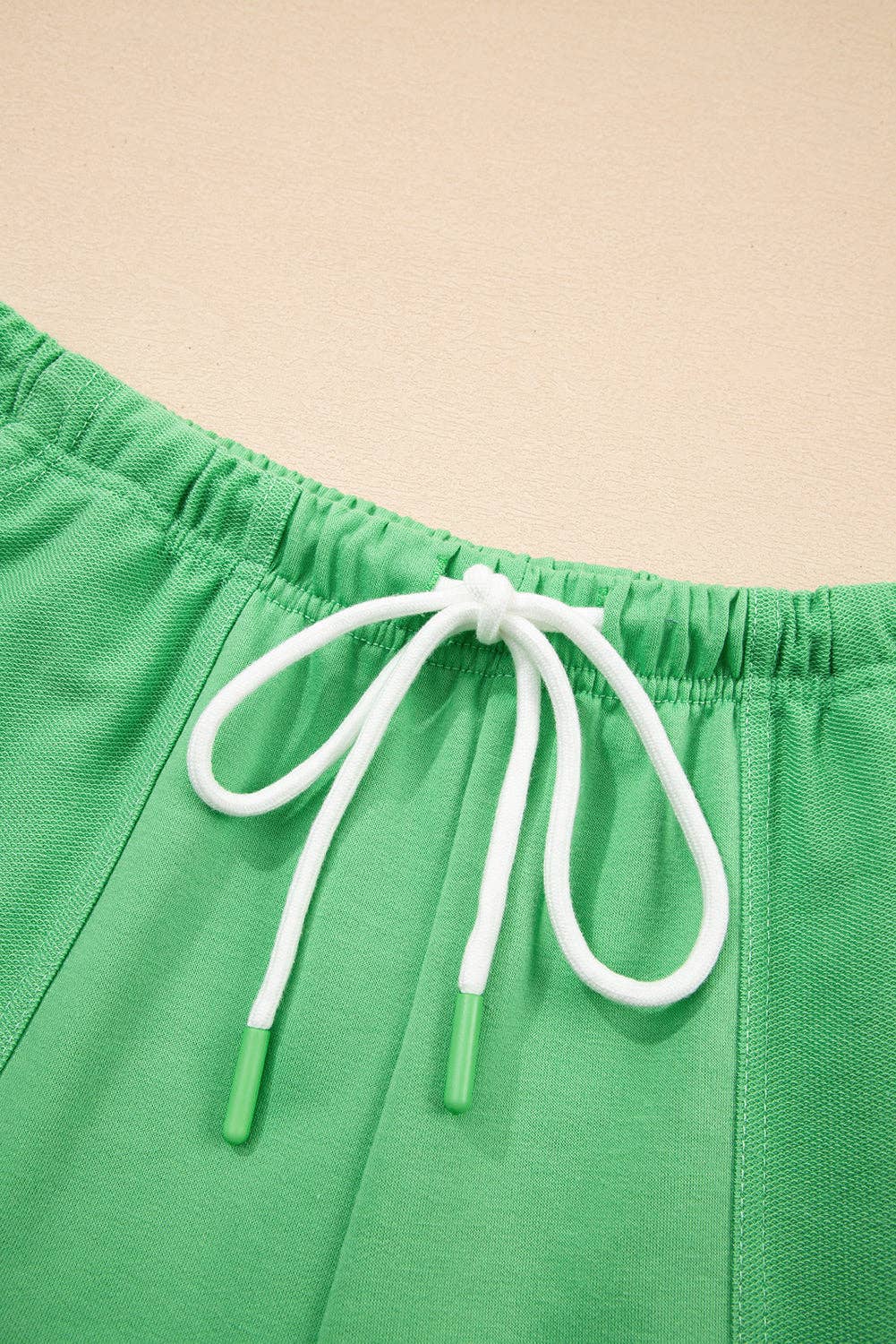 Mint Green V Neck Drop Shoulder Tee and Patchwork Drawstring Shorts Set: Bonbon / 70%Polyester+25%Cotton+5%Elastane / M