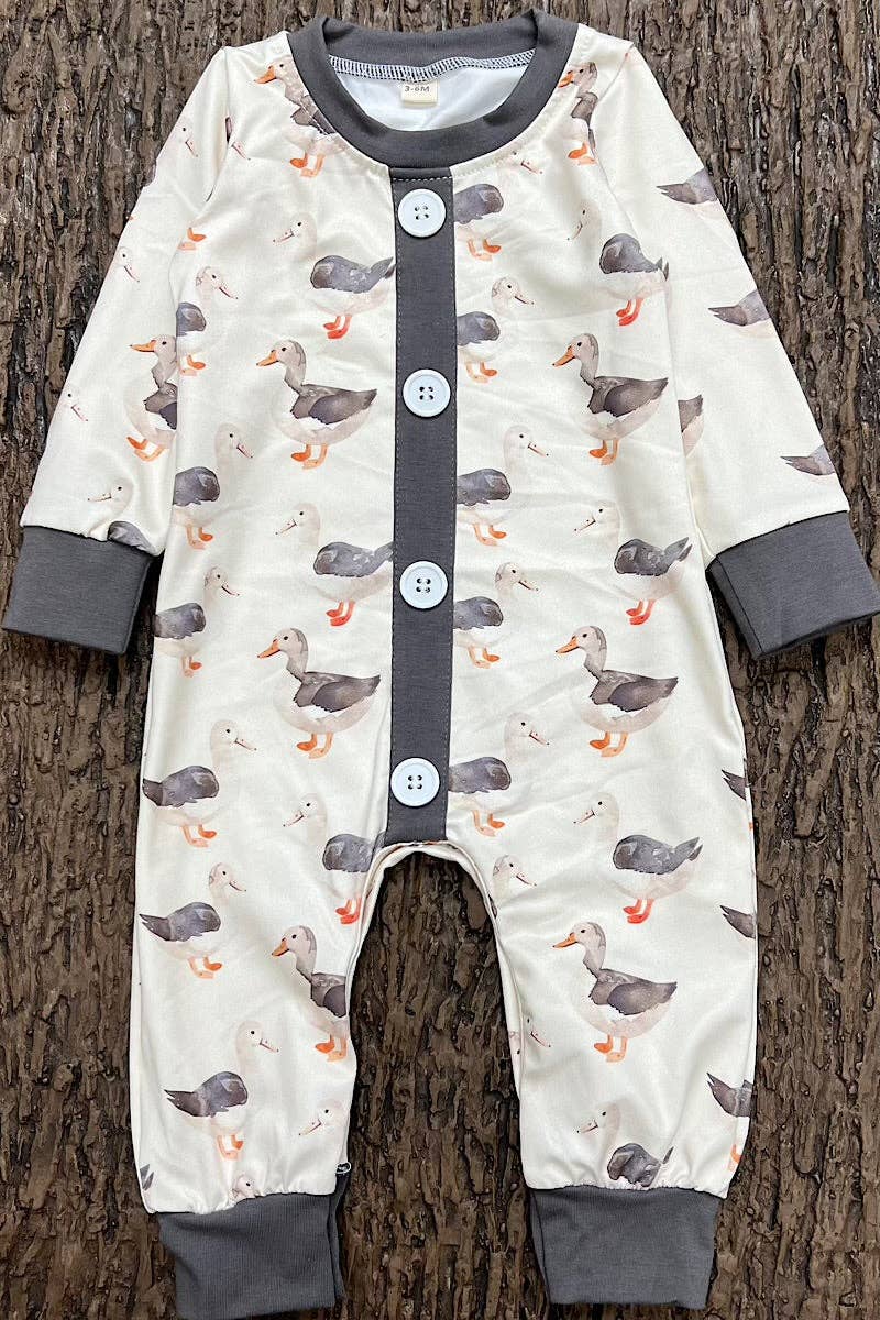 Gray Duck printed baby romper with snaps.