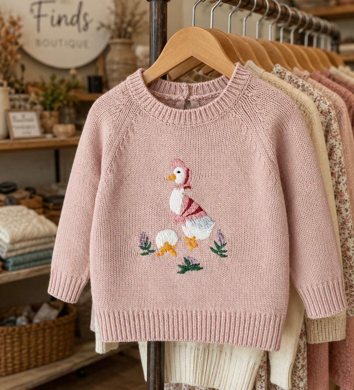 Little Girls Pink Embroidered Duck Sweater